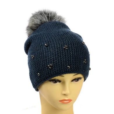 Жіноча зимова шапка "Поліна" Джинс - шапка на флісі з помпоном і намистинками Топ