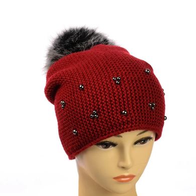 Женская зимняя шапка "Полина" Красная - шапка на флисе с помпоном и бусинками Топ