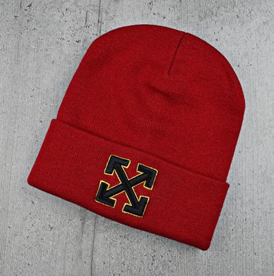 Шапка "OFF-WHITE" Червоне з жовтим кантом - молодіжна шапка-лопата з відворотом Топ
