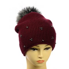 Женская зимняя шапка "Полина" бордовая - шапка на флисе с помпоном и бусинками Топ
