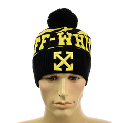 Мужская молодежная шапка "Off White" Черная с желтой надписью - Мужская зимняя шапка на флисе с отворотом Топ