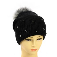 Жіноча зимова шапка "Поліна" Чорна шапка на флісі з помпоном і намистинками Топ