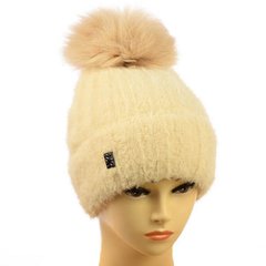 Женская ангоровая шапка "Марго" Бежевая, женская зимняя шапка на флисе с помпоном
