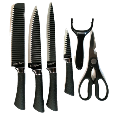 Набір кухонних ножів Zepter ZP-007 з ножицями, ребриста поверхня 6 в 1, ножі для кухні, кухонні ножі