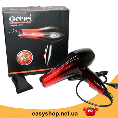 Фен для волос Gemei GM-1719 1800 Вт - Профессиональный фен для укладки и сушки волос (Красный)