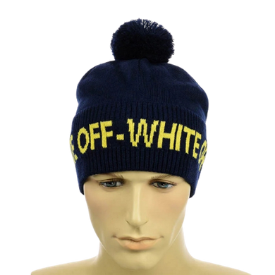 Чоловіча молодіжна шапка "Off White" Синій з жовтим - Чоловіча зимова шапка на флісі з відворотом Топ