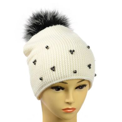 Жіноча зимова шапка "Поліна" біла - шапка на флісі з помпоном і намистинками Топ