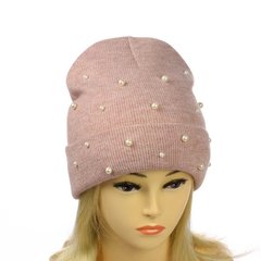 Женская шапка "Николь" Персиковая, зимняя премиум шапка на флисе с бусинами