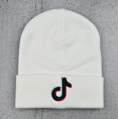 Шапка Tik Tok / ТикТок с черным логотипом Белая - молодежная шапка-лопата с отворотом Топ