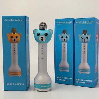 Детский микрофон караоке V10 Мишка Голубой, беспроводной караоке-микрофон для детей